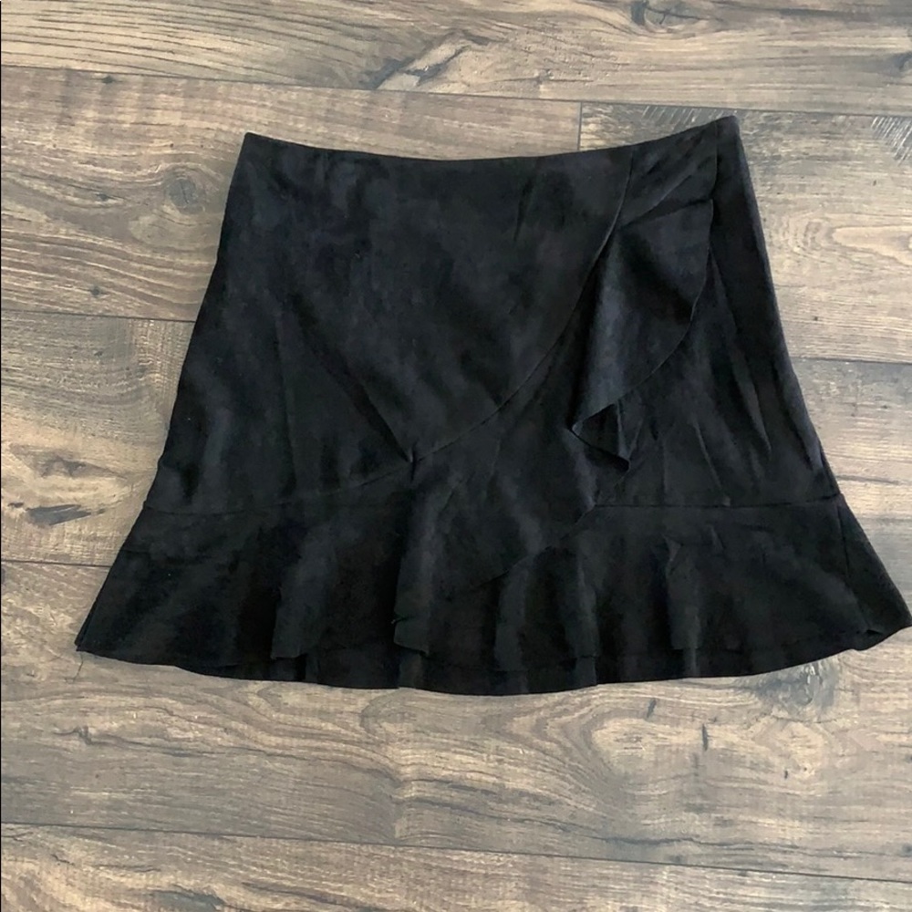 Black suede ruffle mini skirt